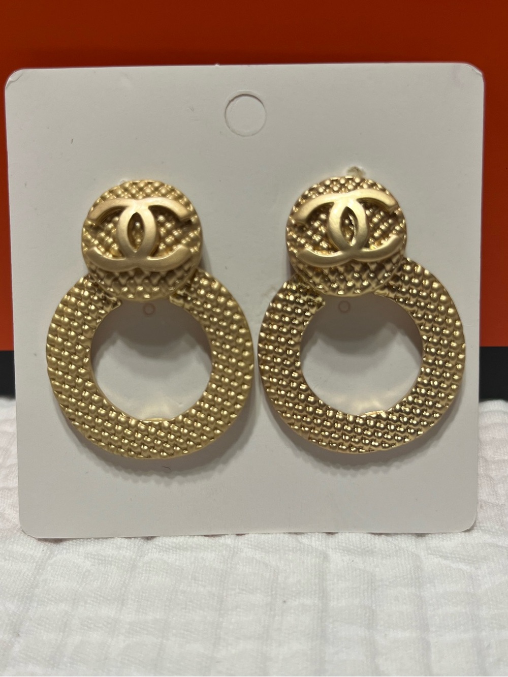Vintage ChaneI Gold Tone Hoop Door Knocker Signature Logo Earrings